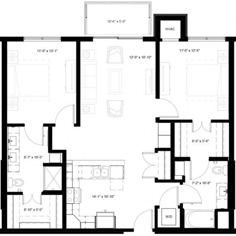 Floor plan for 2 beds, 2 baths, 1134 sqft